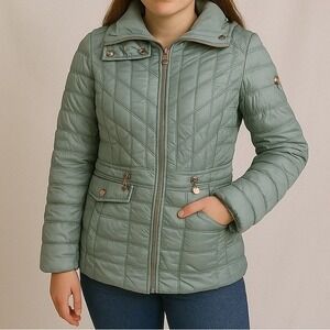 Bernardo Quilted Hooded Puffer Coat Teal Womens Size Small Packable Travel